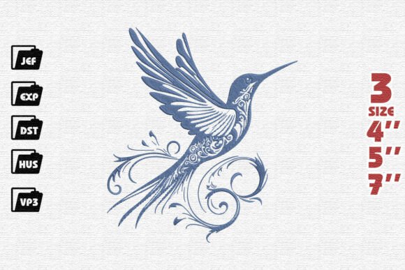 Elegant Blue Filigree Hummingbird Embroidery Design